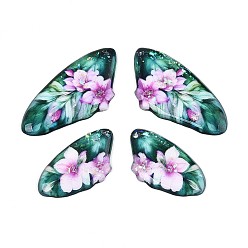 чирок Подвески из прозрачной эпоксидной смолы, крылья с цветочным узором подвески, с блестка, зелено-синие, 39~39.5x19.5x2.5 мм, отверстие : 1.2 мм