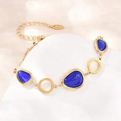 Golden 304 Stainless Steel & Glass Imitation Cat Eye Link Bracelets, Cable Chain Bracelets for Women, Teardrop & Flat Round, Ion Plating(IP), Long-Lasting Plated, Golden, 7.09 inch(18cm)