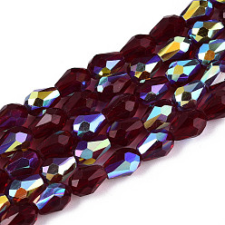 Темно-Красный Прозрачные стеклянные бусины гальваническим пряди, слеза, с половинным покрытием ab цвета, граненые, темно-красный, 7.5~8x5.5~6 мм, отверстие : 1~1.2 мм, около 65~66 шт / нитка, 19.69~20.28 дюйм (50~51.5 см)