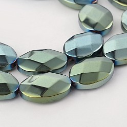 Зеленое Покрытие Гальванизировать немагнитных синтетический гематит овальные нити бисера, граненые, зеленый покрытием, 18x13x5 мм, отверстие : 1 мм, около 22 шт / нитка, 15.9 дюйм