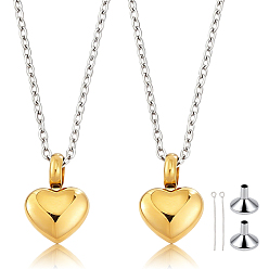 Golden 2Pcs 304 Stainless Steel Urn Ashes Pendants, Heart Charm, 2 Sets 304 Stainless Steel Funnel, 2Pcs Unisex 2MM 304 Stainless Steel Cable Chain Necklaces, Golden, 16.5x12x6~7mm, Hole: 5mm