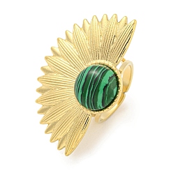 Малахит Ионное покрытие (ip) 304 манжеты из нержавеющей стали из синтетического малахита, веерные открытые кольца для женщин и мужчин, реальный 18 k позолоченный, 39.5x26.5 мм, внутренний диаметр: регулируемый.