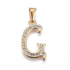 Letter G 304 Stainless Steel Pendants, with Rhinestone, Letter, Letter.G, 25x14x2mm, Hole: 3~3.5x7.5~8mm