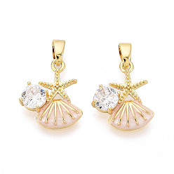 Розовый Латунные микропаве прозрачные кубические циркониевые подвески, подвески в виде морской звезды с ракушкой, с эмалью, реальный 18 k позолоченный, туманная роза, 15x12.5x3 мм, отверстие : 4x2 мм