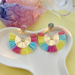 Разноцветный Серьги-гвоздики из сплава рафии в стиле бохо, золотые, красочный, 70x65 мм