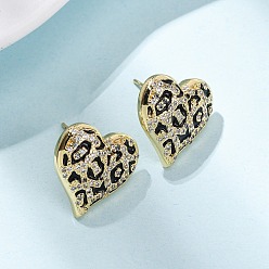 Черный Серьги-гвоздики из латуни с микро-паве и прозрачным фианитом в форме сердца, с эмалью, долговечный, стойки покрытие, без свинца и без кадмия, чёрные, 15.5x15.5 мм