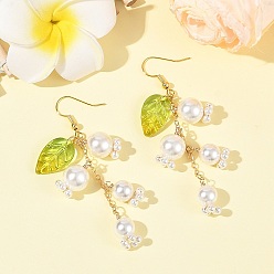 Golden Shell Pearl & Glass Dangle Earrings, Flower with Leaf, 304 Stainless Steel Dangle Earrings for Women, Golden, 72mm