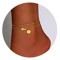 Letter R Браслеты на ногу из латуни с боковыми поперечными связями и плоскими круглыми начальными подвесками, золотые, Буква R, 7-7/8 дюйм (200 мм)