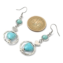 Antique Silver 3 Pair 3 Style 304 Stainless Steel Dangle Earrings with Synthetic Turquoise Beaded for Women, Heart & Flat Round, Antique Silver, 65x21mm, 1 Pair/style