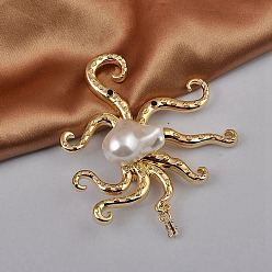 Golden Baroque Style Octopus Brooch for Women, Alloy Brooches, with Plastic Imitation Pearl, Golden, 60mm