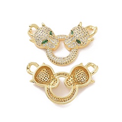 Real 18K Gold Plated Brass Micro Pave Cubic Zirconia Open 2-Loop Pendants, Double Leopard Head & Ring Charm, Real 18K Gold Plated, 22x34x6mm, Hole: 3mm