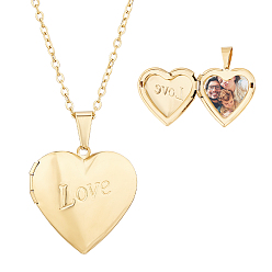 Golden 304 Stainless Steel Heart Locket Pendant Necklaces for Photo, Golden, 18.23 inch(46.3cm)