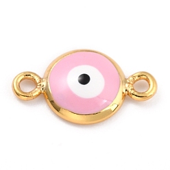 Pink Позолоченные латунные эмалевые соединители звеньев, долговечный, плоские круглые с сглаза, розовые, 14x8x2 мм, отверстие : 1.4 мм