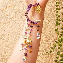 Аметист Стеклянная каплевидная звезда и натуральные аметистовые чипсы лунные подвесные украшения, подвесные ловцы солнца, с фурнитурой из солнечного металла, для украшения дома, 265 мм