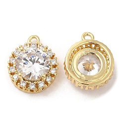 Real 18K Gold Plated Brass and Clear Cubic Zirconia Pendants, Flat Round, Real 18K Gold Plated, 14x11.5x5.5mm, Hole: 1.2mm