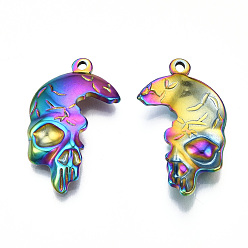 Rainbow Color Ion Plating(IP) 201 Stainless Steel Pendants, Skull, Rainbow Color, 30x17x4mm, Hole: 1.6mm