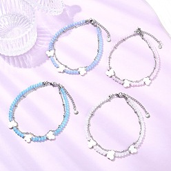 (52) Непрозрачная лаванда Двухслойные браслеты на лодыжку для женщин из пресноводных ракушек и стеклянных бусин., бабочка и рондель, с 304 сателлитными цепями из нержавеющей стали, разноцветные, 9-3/8 дюйм (238 мм)