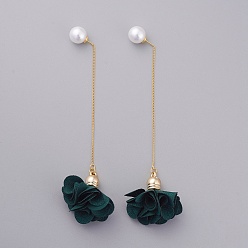 Dark Green Stud Earrings, with Cloth Pendant, Real 18K Gold Plated Brass Stud Earring Findings, Ear Threads and Acrylic Imitation Pearl Ear Nuts, Flower, Dark Green, 100mm, Pin: 0.6mm