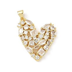 Настоящее золото 18K Латунные микропаве прозрачные подвески с фианитом, сердце, без свинца и без кадмия, долговечный, стойки покрытие, реальный 18 k позолоченный, 28x25x5 мм, отверстие : 5.5x3.5 мм