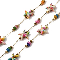 Разноцветный Ручная работа 304 звенья цепи из нержавеющей стали с имитацией бирюзы в виде морской звезды, пайки, с 316 цепями из нержавеющей стали, катушкой и окрашенной оболочкой, ионное покрытие (ip), реальный 18 k позолоченный, красочный, бисер: 10x10x4 мм & 5x3.5 мм