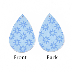 Светло-Голубой Большие кожаные подвески, Пасхальная тема, слезинка с цветочным узором, Небесно-голубой, 55~56.5x35~37x2 мм, отверстие : 1~2 мм