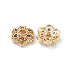 Золотой Латунные микро проложить кубического циркония Шапочки, долговечный, 6-лепестки, цветок, золотые, 8x2.5 мм, отверстие : 1.5 мм