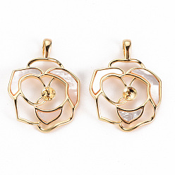 Настоящее золото 18K Латунные подвески под залог, за половину пробурено бисера, С пресноводной оболочкой, без никеля , цветок, реальный 18 k позолоченный, 28x21.5x2.5 мм, отверстие : 4 мм, штифты : 0.6 мм
