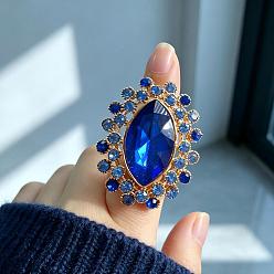 Blue Zinc Alloy Glass Finger Rings, Horse Eye, with Rhinestone, Golden, Blue, 47x37mm, Inner Diameter: 18mm