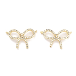 Настоящее золото 18K Шармы-соединители из латуни с микропаве из прозрачного кубического циркония, бантом ссылки, реальный 18 k позолоченный, 12x18.5x3.5 мм, отверстие : 0.9 мм