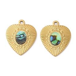 Настоящее золото 18K 304 подвески из натуральной ракушки пауа из нержавеющей стали, сердце прелести, ионное покрытие (ip), реальный 18 k позолоченный, 23x18.5x2.5 мм, отверстие : 1.6 мм