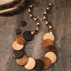 Седло Коричневый Многослойные ожерелья и серьги-подвески из деревянных бусин в богемном этническом стиле, плоско-круглые, седло коричневый, 710 мм и 44x23 мм