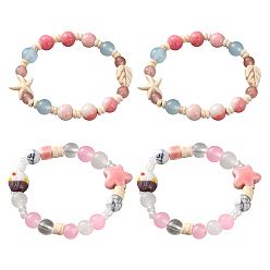 (52) Непрозрачная лаванда 4 шт. 2 стили фарфоровые синтетические бирюзовые бусины эластичные браслеты для женщин, морская звезда и лист, разноцветные, внутренний диаметр: 1-3/4 дюйм (4.4 см), 2 шт / стиль