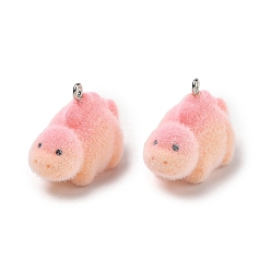 Dinosaur Флокированные подвески из непрозрачной смолы, с платиновыми тоновыми железными петлями, очарование животных, розовые, динозавр, 21x30x15 мм, отверстие : 2 мм