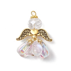 Прозрачный АВ Подвески-ангелы из стеклянных бисеров, с крыльями из античного золотого сплава, ясно AB, 26.5x17.5x16.5 мм, отверстие : 3.5x2.5 мм