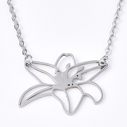 Stainless Steel Color Non-Tarnish 201 Stainless Steel Pendant Necklaces, with Cable Chains, Flower, Stainless Steel Color, 17.5 inch(44.5cm), 2mm, flower: 21x26x1mm