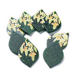 Морско-зеленый Акриловые подвески, 3 d распечатано, с блеском порошок, лист с цветочным узором, цвета морской волны, 43x27x2 мм, отверстие : 1.6 мм