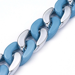Deep Sky Blue Handmade Curb Chains, Cuban Link Chains, with Opaque Spray Painted Acrylic Linking Rings and CCB Plastic Linking Rings, for Jewelry Making, Deep Sky Blue, Link: 30x21x6mm, 30x20x6mm, 39.37 inch(1m)/strand