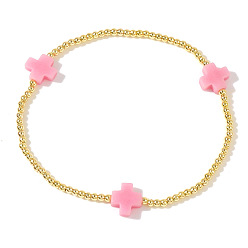 Pink Браслеты из латуни с бусинами и эластичной лентой, тонкие золотые цепочки, модные ювелирные аксессуары для женщин, розовое золото , розовые, 6.89 дюйм (17.5 см)