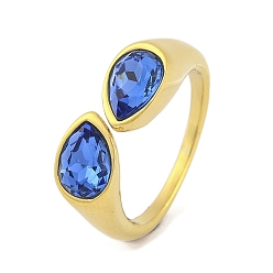 Свет Сапфира Ионное покрытие (ip) 304 открытая манжета в виде каплевидной формы из нержавеющей стали со стразами для женщин, реальный 14 k позолоченный, света сапфир, внутренний диаметр: 18 мм