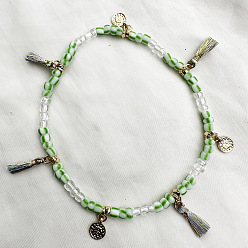Зеленый лайм Браслеты на ногу из пластика с кисточками, украшенные бисером и сплавом в стиле бохо, античное золото , зеленый лайм, 9-1/2 дюйм (240 мм)