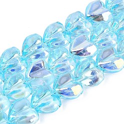 Небесно-голубой Гальванизируйте прозрачное стекло бисер нитей, сердце, с покрытием AB цвета, граненые, окрашенный и сердечный, голубой, 12~13x14~15x8~9 мм, отверстие : 1~1.2 мм, около 60~61 шт / нитка, 28.35~29.13 дюйм (72~74 см)
