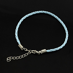 Светло-Голубой Модный имитация плетеный кожаный браслет решений, с железными когтя омара застежками и конечных цепей, Небесно-голубой, 200x3 мм