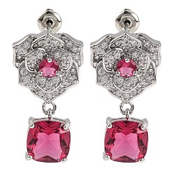 Светло-Вишневый Серьги-гвоздики из латуни с микропаве и кубическим цирконием, покрытие стойки, цветок, светло-вишневый, 26.5x14.5 мм