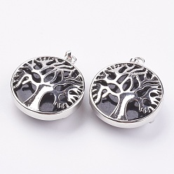 (946F)Морозный цвет внутри  Жонкиль / Непрозрачная зеленая подкладка Натуральный черный агат подвески, с латунной фурнитурой платинового цвета, плоские круглые с дерева жизни, 31.5x28x11.5 мм, отверстие : 5x7 мм