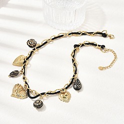 Золотой 304 Женские подвески-нагрудники с подвеской в виде сердца из нержавеющей стали и черного акрилового цветка, золотые, 15.55 дюйм (39.5 см)