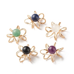 Golden Natural & Synthetic Gemstone Pendants, with Eco-Friendly Copper Wire, Flower, Golden, 32x32x19mm, Hole: 9mm