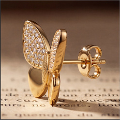 Golden 304 Stainless Steel Micro Pave Cubic Zirconia Stud Earrings for Women, Butterfly, Golden, 0.59 inch(1.5cm)