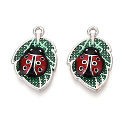 Платина Подвески из эмали и сплава, Лист и божья коровка, без свинца и без кадмия, платина, 23x15x3 мм, отверстие : 1.6 мм