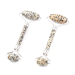 Dalmatian Jasper Natural Dalmatian Jasper Brass Face Massager, Facial Rollers, Platinum, 142~150x54~58x19~22mm