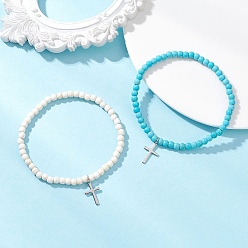 Синтетическая Бирюза 2шт. 201 браслеты с подвесками из нержавеющей стали, синтетические бирюзовые круглые браслеты из эластичной ткани для женщин и мужчин, крестик, внутренний диаметр: 2.28 дюйм (5.8 см)